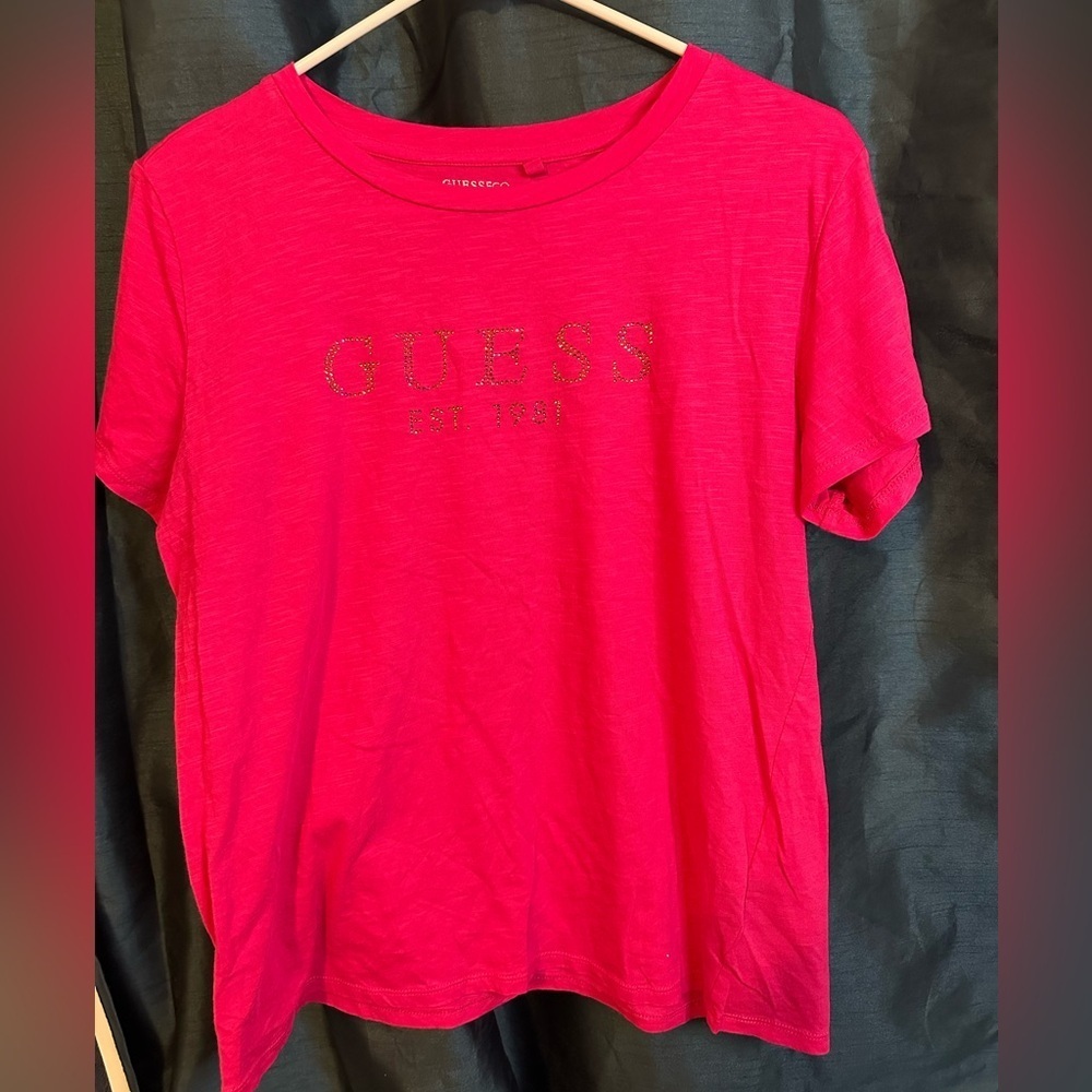 Guess Vibrant Pink Tee with Small Rhinestone Logo. Organic Cotton